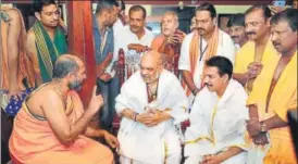  ?? PTI ?? ▪ BJP President Amit Shah at the Kukke Shree Subrahmany­a temple in Sullia on Tuesday. Shah is in Karnataka as part of the party's election campaign for the upcoming assembly election in the state.