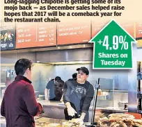  ??  ?? Long-lagging Chipotle is getting some of its mojo back — as December sales helped raise hopes that 2017 will be a comeback year for the restaurant chain.
