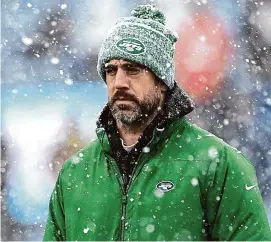  ?? Billie Weiss/TNS ?? Aaron Rodgers of the Jets looks on before a game against the Patriots in Foxborough, Mass. The Jets’ offseason moves should better protect Rodgers.