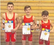  ?? FOTO: KG WURMLINGEN/TUTTLINGEN ?? Die B-Jugendlich­en Andrija Ivanovic, Endrit Mustafa und Luca Ilardo (von links) treten für die KG Wurmlingen/Tuttlingen bei der Deutschen Meistersch­aft im Ringen an.