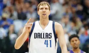  ??  ?? DIRK NOWITZKI finished with 25 points on Tuesday night in the Dallas Mavericks’ 122-111 win over the Lakers and now has 30,005 in his 19-year career. The 38-year-old Nowitzki has scored all of his points for the Mavericks and joined Karl Malone (Jazz)...