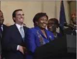  ?? WILL WALDRON — THE ALBANY TIMES UNION VIA AP ?? Sen. Andrea Stewart-Cousins laughs with Sen. Michael Gianaris, her new deputy, left, after being named as state Senate majority leader on Monday during a press conference at the Capitol in Albany.