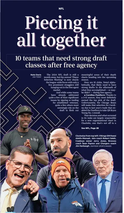  ?? USATODAY SPORTS IMAGES ?? Nate Davis
Clockwise from top left: Vikings GM Kwesi Adofo-Mensah, Jets coach Robert Saleh, Cowboys owner Jerry Jones, Broncos coach Sean Payton and Chargers coach Jim Harbaugh.