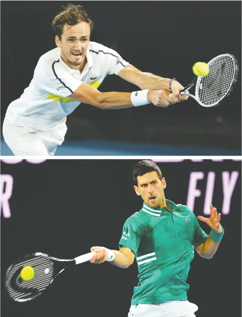  ?? DAVID GRAY, PAUL CROCK / AFP VIA GETTY IMAGES ?? Russia’s Daniil Medvedev, top, has won 20 straight matches, including one against Novak Djokovic, bottom, who will be trying to win his 18th grand slam title when the two meet in Sunday’s Australian Open final.