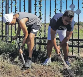  ??  ?? Inari Fiji members Ashmit Narayan (left), and Pravin Singh during their gardening project at St Mina Orthodox Orphanage.