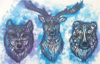  ??  ?? Artwork of wolf, stag and bear created by 16-year-old Niamh Wood, daughter of Sean Wood