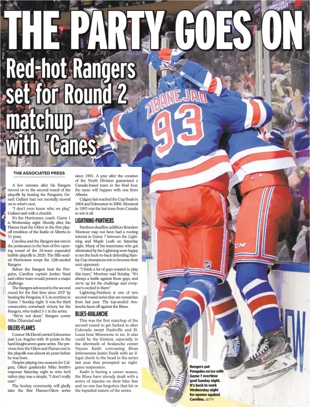  ?? GETTY ?? Rangers put Penguins on ice with Game 7 overtime goal Sunday night. It’s back to work Wednesday night for opener against Carolina.