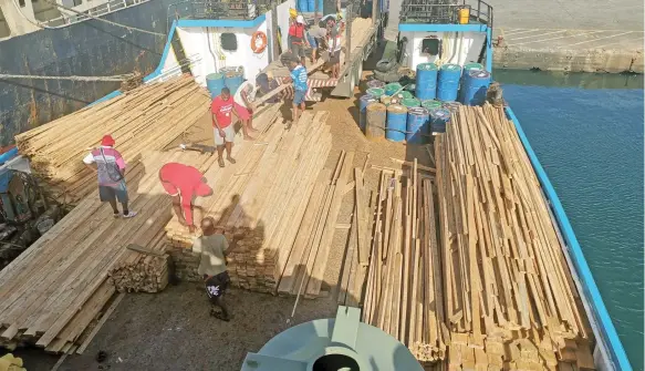  ?? Photo: Lusiana Tuimaisala. ?? The $10,000 worth of sawn pine timber from the Yavusa Tiliva in Kadavu that has been shipped to Suva on Brighton Shipping Company vessel Liahona II. The members of the Yavusa Tiliva Pine management Committee were loading the pines to Bharty Enterprise Limited truck on October 14, 2020.