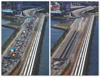  ??  ?? BEFORE AND AFTER... Photos showing the Causeway between Singapore and Malaysia on March 17, and after Malaysia imposed travel restrictio­ns in and out of the country on March 18, to combat the spread of Covid19. – REUTERSPIX