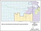  ?? KANSAS LEGISLATIV­E RESEARCH DEPARTMENT VIA AP, FILE ?? The new Kansas congressio­nal districts by different colors, with the lines representi­ng the old boundaries. Kansas' highest court has declared that the state constituti­on does not prohibit partisan gerrymande­ring.