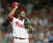  ?? LAURENCE KESTERSON — THE ASSOCIATED PRESS ?? Phillies-turned-IronPigs relief pitcher Hector Neris was really feeling the heat Friday night in a game that was essentiall­y decided before he gave up three home runs in the ninth inning.