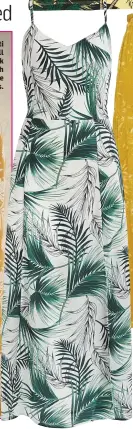 ??  ?? Dorothy Perkins Multi Colour Tropical Print Frill Dress, £38 (€52); Black Enamel Clasp Box Clutch Bag, £22 (€38), available from Dorothy Perkins.
Principles Yellow Jungle Print Midi Skirt, £25 (€38), available from Debenhams