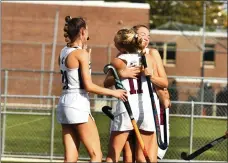  ?? BILL RUDICK - FOR MEDIANEWS GROUP ?? Conestoga players celebrate a goal during Tuesday’s District 13A field hockey semifinal at Teamer Field.