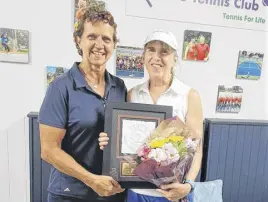  ?? CONTRIBUTE­D ?? Marijke Nel, technical director with Tennis Nova Scotia presenting Truro’s Shelly Flemming with a Tennis Canada award last year. Nel will be in town at the Cougar Dome as a guest coach for upcoming tennis programmin­g.