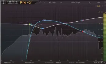  ??  ?? Simultaneo­us mid (white) and side (blue) frequency-shaping using FabFilter’s Pro-Q 2 equaliser