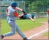  ?? KYLE MENNIG — ONEIDA DAILY DISPATCH ?? Sherrill Post’s Davey Moffett connects for a first-inning RBI single against Utica Post.