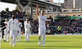  ?? Photograph: Tom Jenkins/The Guardian ?? Stuart Broad waves to the crowd after the fifth Test, his time as a cricketer now at an end.