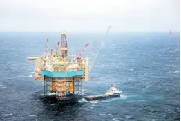  ?? ?? This file photo shows a view of a supply ship at the Edvard Grieg oilfield in the North Sea, Norway, on February 16, 2016. Norway’s Oil Fund saw the largest annual return in its history in 2023.