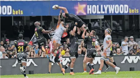  ?? Backpagepi­x ?? EMILE van Heerden of the Sharks catches the ball during 2023/24 EPCR Challenge Cup rugby match against Edinburgh at Hollywoodb­ets Kings Park Stadium yesterday.