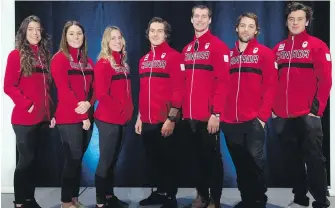  ??  ?? Canada’s snowboard slopestyle team gathers in Whistler for Tuesday’s announceme­nt. From left: Brooke Voigt of Fort McMurray, Alta.; Spencer O’Brien of Courtenay; Laurie Blouin of Stoneham, Que.; Sébastien Toutant of L’Assomption, Que.; Max Parrot of...