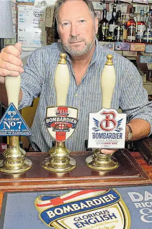  ?? Picture: SWNS ?? Kevin Costello has kept old Bombadier branding by the new-look tap clip, right