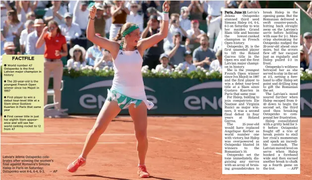  ?? — AP — AFP ?? Latvia's Jelena Ostapenko celebrates after winning the women's final against Romania's Simona Halep in Paris on Saturday: Ostapenko won 4-6, 6-4, 6-3.