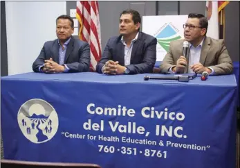  ?? COURTESY PHOTO LINDSAY BUCKLEY, CALIFORNIA ENVIRONMEN­TAL PROTECTION AGENCY ?? Eduardo Garcia, California State assembly member for District 56, speaks during a press conference hosted by Comité Cívico del Valle Inc. to announce $500,000 in funding by the state of California to install about five new methane monitoring stations across Imperial Valley. Seated at the center is State Sen. Ben Hueso, with Comité Civico Executive Director Jose Luis Olmedo Velez at left.