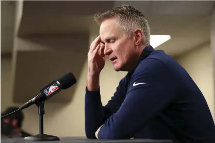  ?? ?? Steve Kerr makes his emotional statement before the Warriors’ playoff game in Dallas. Photograph: Scott Strazzante/AP