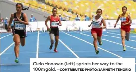  ?? —CONTRIBUTE­D PHOTO/JANNETH TENORIO ?? Cielo Honasan (left) sprints her way to the 100m gold.
