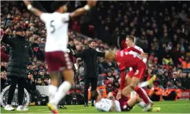  ?? ?? Steven Gerrard appeals for a free-kick during Aston Villa’s 1-0 defeat at Liverpool on his Anfield return. Photograph: Nick Potts/PA