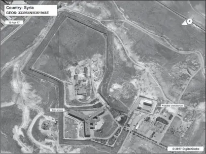  ?? The Associated Press ?? PRISON COMPLEX: This satellite image provided by the State Department and DigitalGlo­be, taken April 18, shows what the State Department described as a building in a prison complex in Syria that was modified to support a crematoriu­m. The Trump...