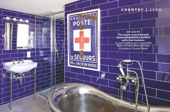  ??  ?? EN SUITE
The couple created this bold space tucked behind a partition wall in their bedroom. Lucian N bath, £3,400, Copperfiel­d Baths. Victorian Blue metro tiles, £24.50sq m, Ceramic Planet