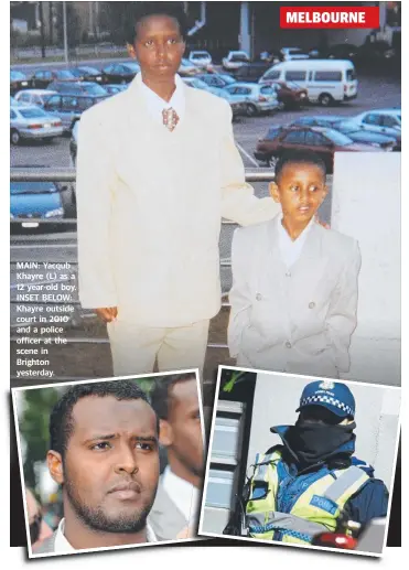  ??  ?? MAIN: Yacqub Khayre (L) as a 12 year-old boy. INSET BELOW: Khayre outside court in 2010 and a police officer at the scene in Brighton yesterday.