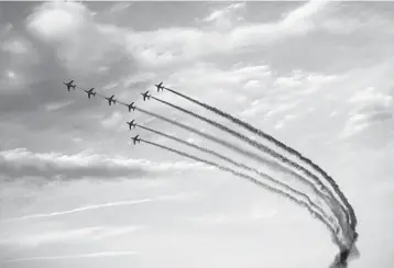  ?? YORGOS KARAHALIS/AP ?? Athens Flying Week: The Patrouille de France team performs during an airshow Saturday at Tanagra air base, north of Athens. The performanc­e is part of an annual airshow, known as Athens Flying Week, which hosts aerobatic teams from several countries.