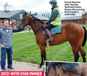  ??  ?? 2012: WITH STAR OWNER Proud: Rooney after buying Switcharoo­ney. Below: Recovering from surgery yesterday