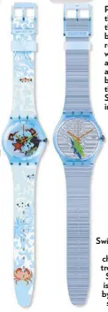  ??  ?? Piscina: A coral reef-inspired piece with a seastar drive wheel, and animated images of snorkeling goggles, fish, crabs and other sea creatures. Pool Surprise: We love the comical nature of this Swatch — dark blue stripes to represent rippled pool...