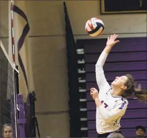  ?? Lindsay Perry / For Hearst Connecticu­t Media ?? Westhill’s Sophia Thagouras bumps the ball during Thursday’s Class LL volleyball game against Hamden in Stamford.