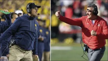  ?? ASSOCIATED PRESS FILE ?? Michigan head coach Jim Harbaugh, left, is looking for his first victory against Ohio State’s Urban Meyer in the Ohio State-Michigan rivalry.