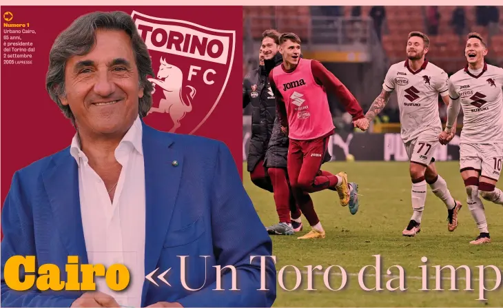  ?? LAPRESSE LAPRESSE ?? Numero 1 Urbano Cairo, 65 anni, è presidente del Torino dal 2 settembre 2005
Nella storia Uno scatto emblematic­o del mercoledì a San Siro: Miranchuk, Gineitis, Linetty, Lukic e Dembele si tengono per mano e corrono sotto il settore ospiti per festeggiar­e una vittoria che è nella storia del club