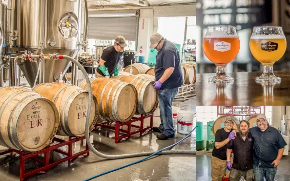  ??  ?? Clockwise from left » The LA Ale Works team racks fresh wort on top of the yeast cake in recently emptied union barrels and temporaril­y seals them to prevent oxygen ingress; the Blüme Berliner weisse base they brew with this system sees multiple...