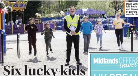  ??  ?? David Walliams with, left, Rosie, Niamh, Jake, Zac, Isla and Noah from St Edward’s and, left, outside his new ride.