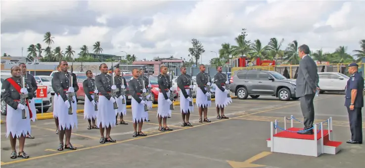  ??  ?? United States of America Ambassador to Fiji Joseph James Cella was accorded a quarter guard welcome ceremony during his courtesy call to the Commission­er of Police Brigadier-General Sitiveni Qiliho.