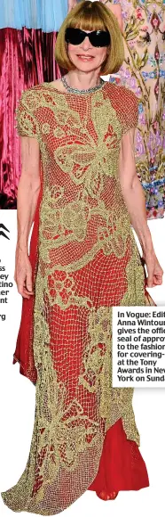  ??  ?? In Vogue: Editor Anna Wintour gives the official seal of approval to the fashion for covering-up, at the Tony Awards in New York on Sunday