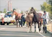  ??  ?? WOMEN lead horses to safety on Sand Canyon Road. More than 1,500 homes in the region were evacuated.