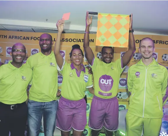  ?? Picture: Gallo Images ?? INSURANCE ON THE FIELD. Former top SA referee Enoch Molefe, Victor Hlongwane, Safa Female referee Akhona Makalima, Zakhele Siwela and Victor Gomes during the OUTsurance Sponsorshi­p Announceme­nt of Safa Match Officials at Safa House earlier this month.