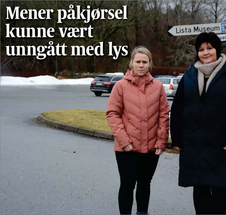  ?? ?? Birgit Mathiassen (tv) og Fau-leder Lena Birkeland Haddeland er fortvilet over at gatelysene mot Vanse skole har hatt en av og på-situasjon det siste året.
