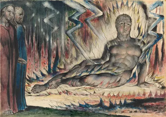  ?? FOTO: TATE BRITAIN ?? Tidig psykedelia. Capaneus hädaren, ett av William Blakes sista verk, från 1824–1827. Teckning med blandtekni­k. National Gallery of Victoria, Melbourne.