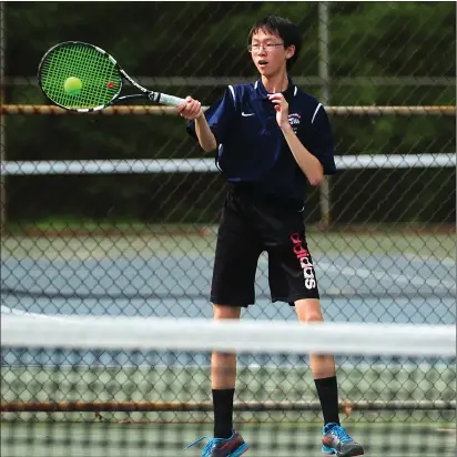  ?? Photo by Ernest A. Brown ?? Lincoln No. 4 singles player Kevin Rao split the first two sets of his match with West Warwick’s Dylan Wheeler before the No. 6 Wizards clinched a Division II quarterfin­al win over the No. 3 Lions, 4-1, Tuesday afternoon.