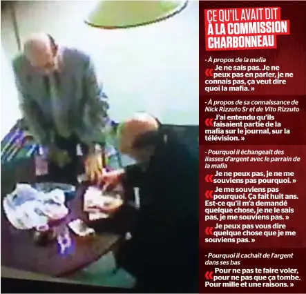  ?? PHOTO D’ARCHIVES ?? Sur ces images, filmées au milieu des années 2000 avec une caméra cachée lors de l’opération policière antimafia Colisée, on voit Nicolo Milioto (assis) et Nick Rizzuto Sr échanger de l’argent au café Consenza.