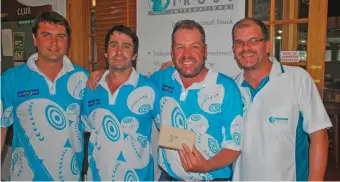  ??  ?? The third placed team, also from George. From left: Jacques Barnard, Dawie Davids and Morné Pienaar, with “Prof” Stadler (sponsor). They scored a full house, a rare feature in bowls and comparable to a hole in one in golf.